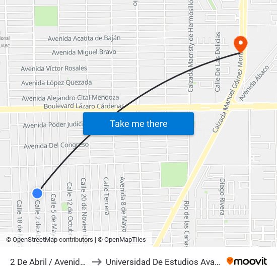 2 De Abril / Avenida Constituyentes to Universidad De Estudios Avanzados Campus Oriente map