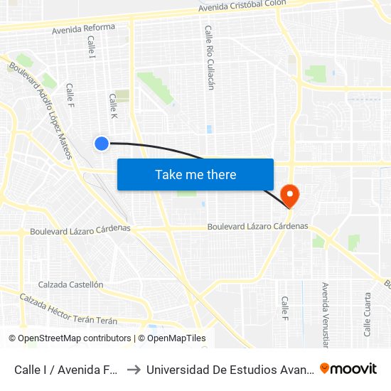 Calle I / Avenida Francisco Mujica to Universidad De Estudios Avanzados Campus Oriente map