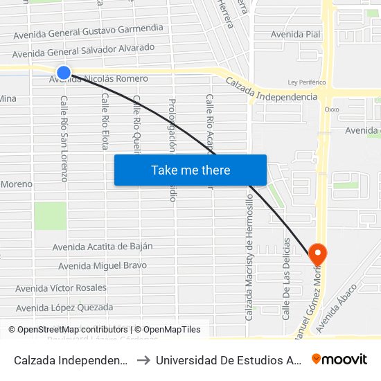 Calzada Independencia / Río San Lorenzo to Universidad De Estudios Avanzados Campus Oriente map