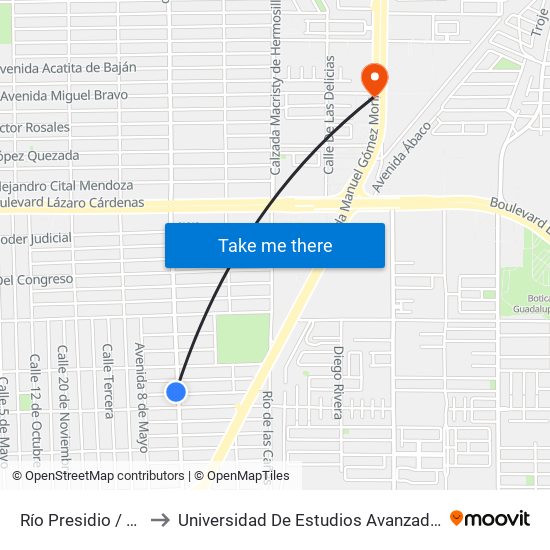 Río Presidio / Cerro Azul to Universidad De Estudios Avanzados Campus Oriente map