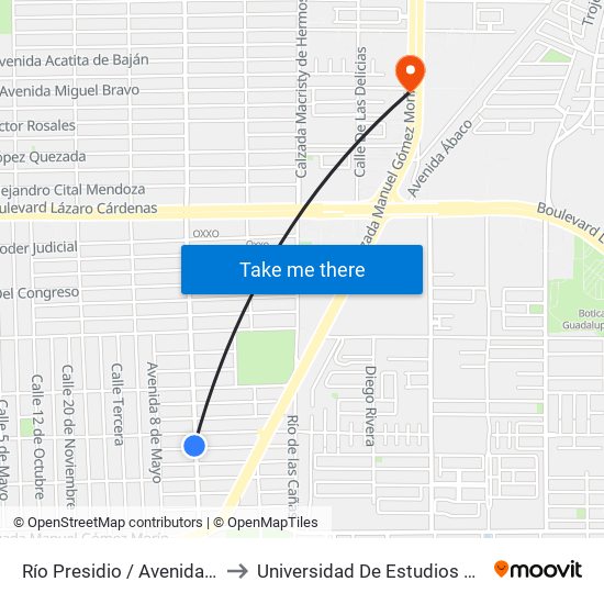 Río Presidio / Avenida Expropiación Petrolera to Universidad De Estudios Avanzados Campus Oriente map