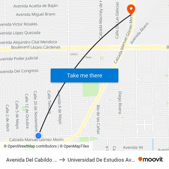 Avenida Del Cabildo / 20 De Noviembre to Universidad De Estudios Avanzados Campus Oriente map