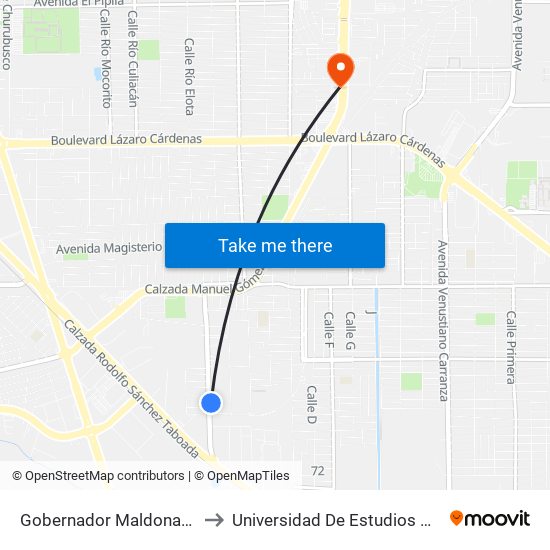 Gobernador Maldonado / Presa San Joaquín to Universidad De Estudios Avanzados Campus Oriente map