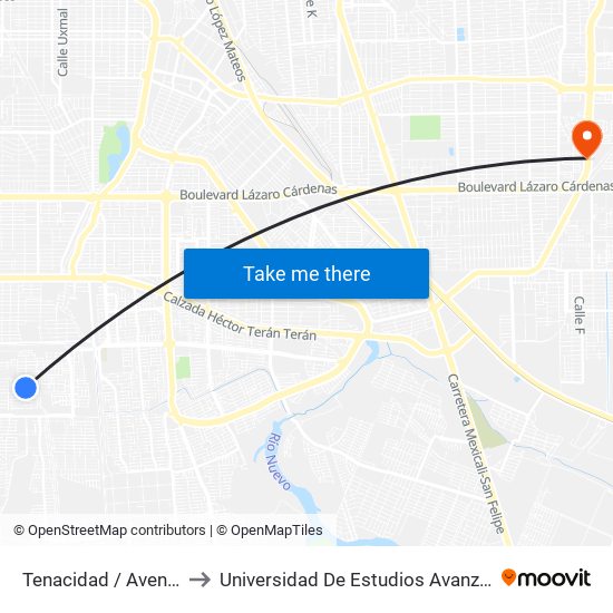 Tenacidad / Avenida Grandeza to Universidad De Estudios Avanzados Campus Oriente map