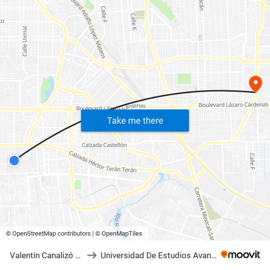 Valentín Canalizó / Los Capitanes to Universidad De Estudios Avanzados Campus Oriente map