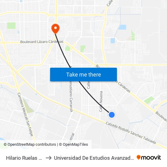 Hilario Ruelas / Treceava to Universidad De Estudios Avanzados Campus Oriente map