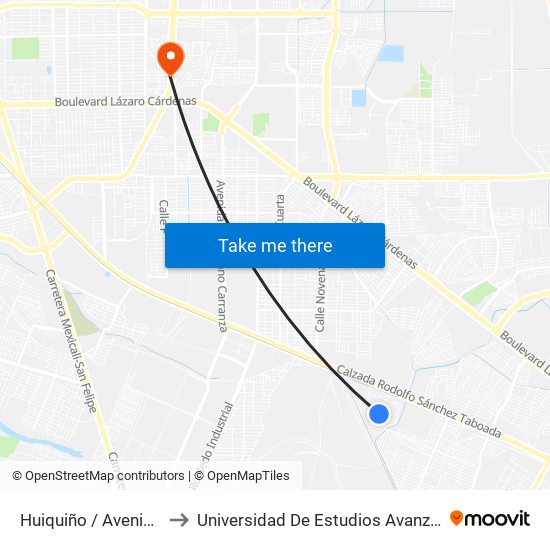 Huiquiño / Avenida Huazontles to Universidad De Estudios Avanzados Campus Oriente map