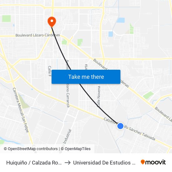 Huiquiño / Calzada Rodolfo Sánchez Taboada to Universidad De Estudios Avanzados Campus Oriente map