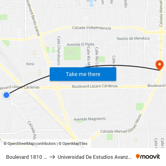 Boulevard 1810 / Calle 1810 to Universidad De Estudios Avanzados Campus Oriente map