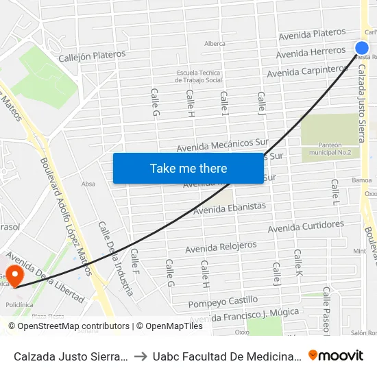Calzada Justo Sierra, 950_1 to Uabc Facultad De Medicina Mexicali map