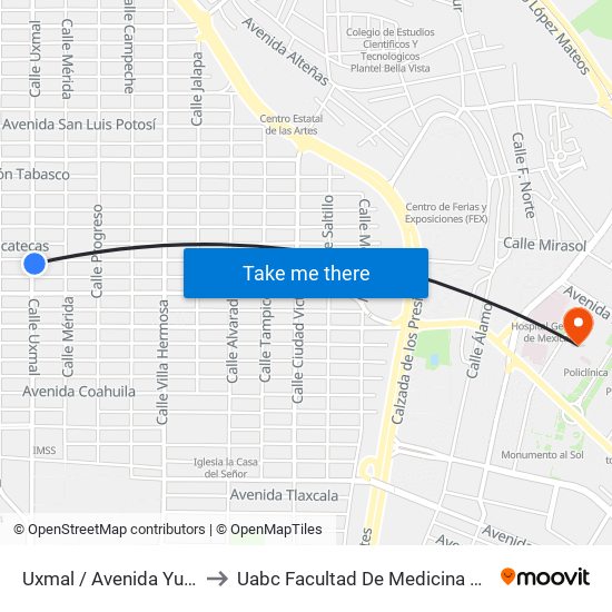 Uxmal / Avenida Yucatán to Uabc Facultad De Medicina Mexicali map