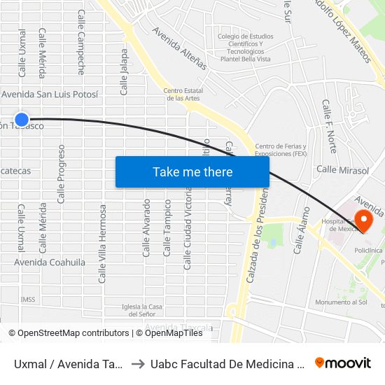 Uxmal / Avenida Tabasco to Uabc Facultad De Medicina Mexicali map