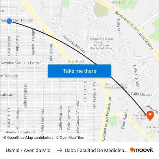 Uxmal / Avenida Michoacán to Uabc Facultad De Medicina Mexicali map