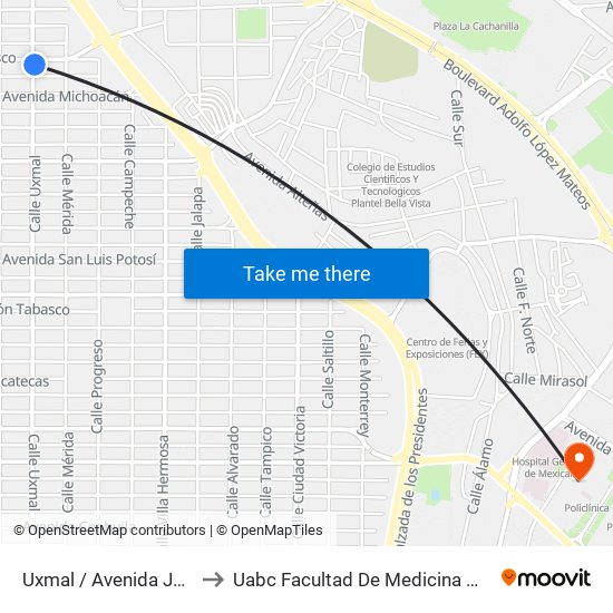 Uxmal / Avenida Jalisco to Uabc Facultad De Medicina Mexicali map