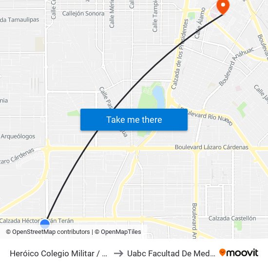 Heróico Colegio Militar / Antonio Medina to Uabc Facultad De Medicina Mexicali map