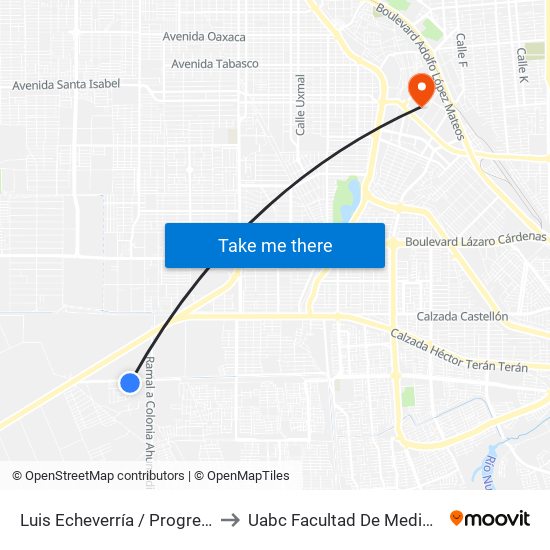 Luis Echeverría / Progreso Nacional to Uabc Facultad De Medicina Mexicali map