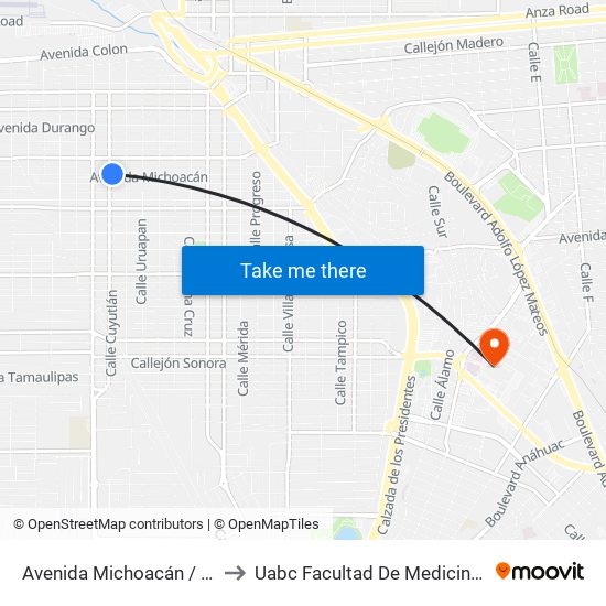 Avenida Michoacán / Cuyutlán to Uabc Facultad De Medicina Mexicali map