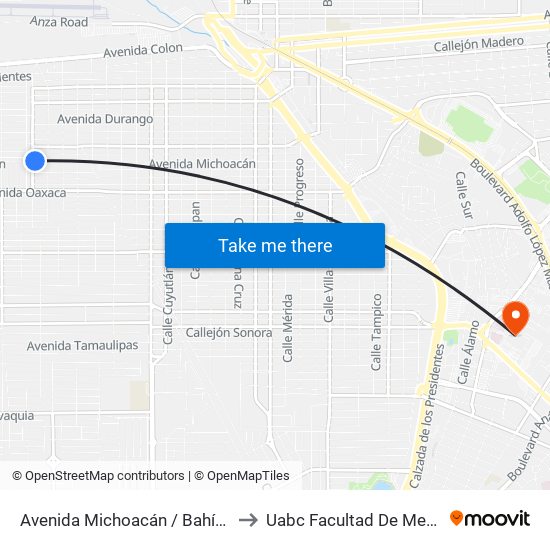 Avenida Michoacán / Bahía De Los Ángeles to Uabc Facultad De Medicina Mexicali map