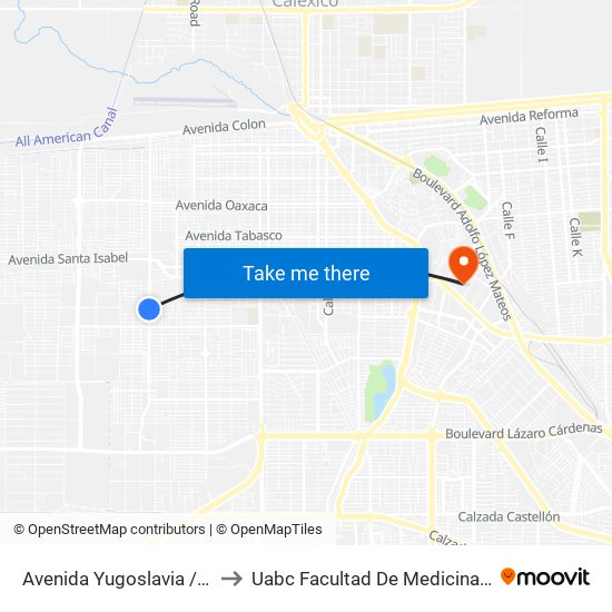 Avenida Yugoslavia / Angola to Uabc Facultad De Medicina Mexicali map