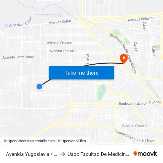 Avenida Yugoslavia / Polonia to Uabc Facultad De Medicina Mexicali map