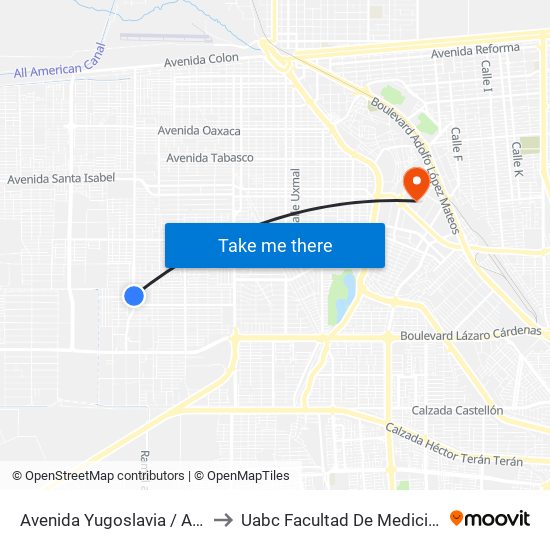 Avenida Yugoslavia / Arquitectos to Uabc Facultad De Medicina Mexicali map