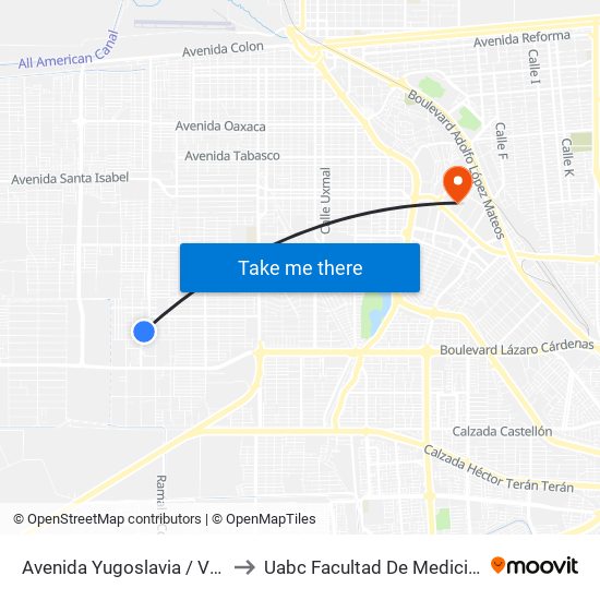 Avenida Yugoslavia / Veterinarios to Uabc Facultad De Medicina Mexicali map