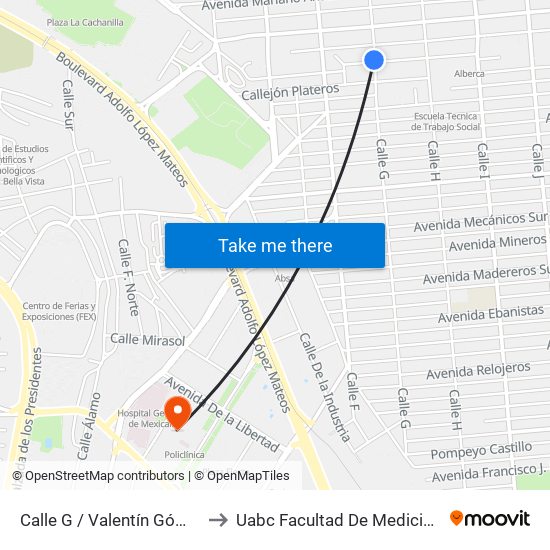 Calle G / Valentín Gómez Farias to Uabc Facultad De Medicina Mexicali map