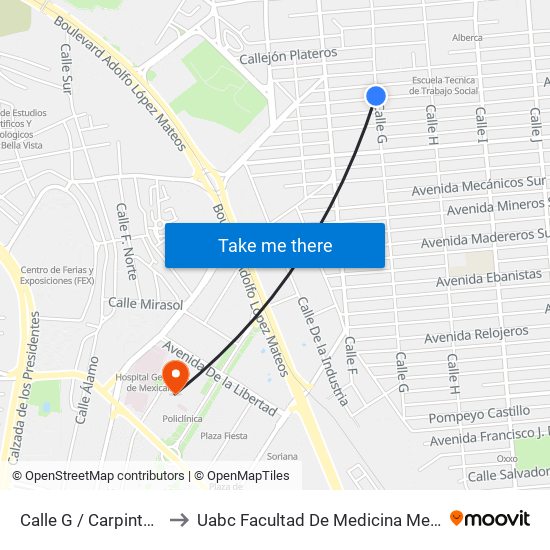 Calle G / Carpinteros to Uabc Facultad De Medicina Mexicali map
