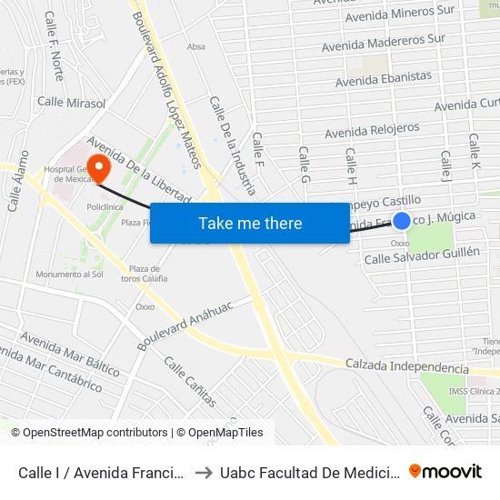 Calle I / Avenida Francisco Mujica to Uabc Facultad De Medicina Mexicali map