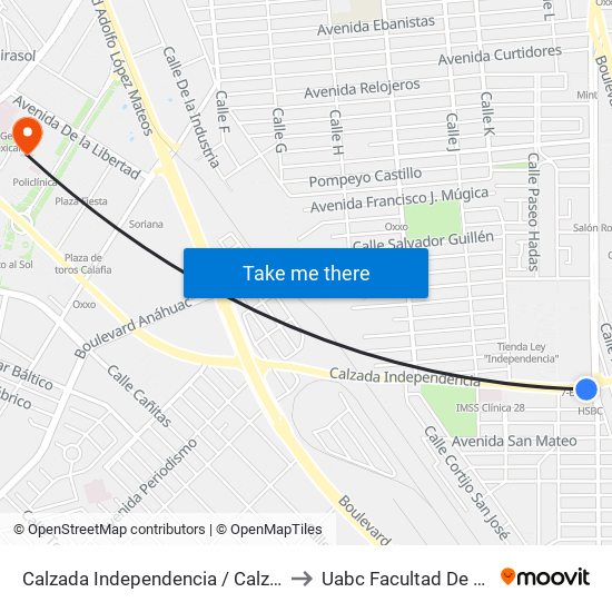 Calzada Independencia / Calzada Francisco Montejano to Uabc Facultad De Medicina Mexicali map