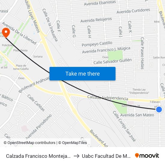 Calzada Francisco Montejano / Coaxamalucan to Uabc Facultad De Medicina Mexicali map