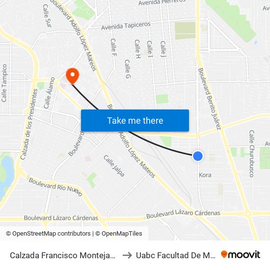 Calzada Francisco Montejano / Jesús Solórzano to Uabc Facultad De Medicina Mexicali map