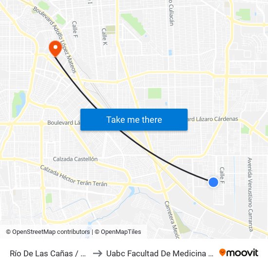 Río De Las Cañas / Calle A to Uabc Facultad De Medicina Mexicali map