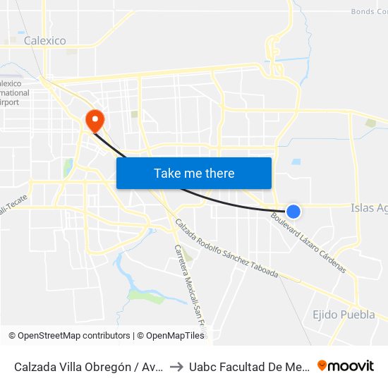 Calzada Villa Obregón / Avenida Río Gambia to Uabc Facultad De Medicina Mexicali map