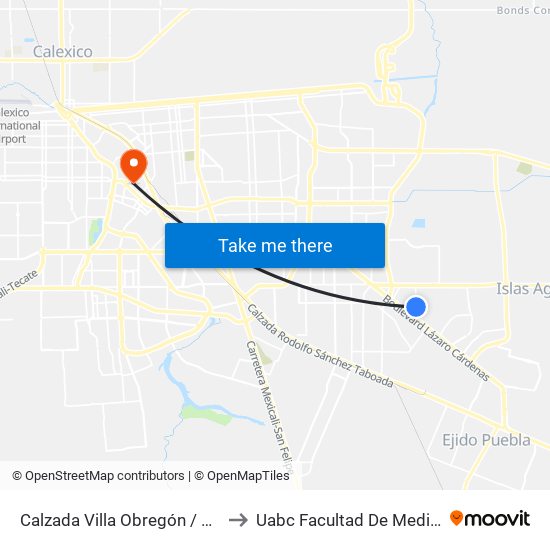 Calzada Villa Obregón / Villa Del Paseo to Uabc Facultad De Medicina Mexicali map