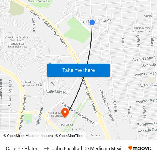 Calle E / Plateros to Uabc Facultad De Medicina Mexicali map