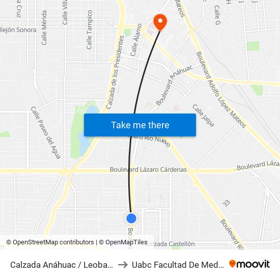 Calzada Anáhuac / Leobardo De La Cruz to Uabc Facultad De Medicina Mexicali map