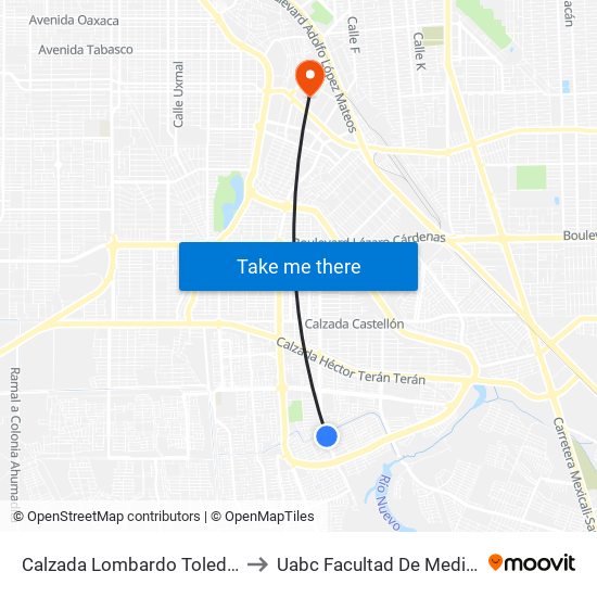 Calzada Lombardo Toledano / Caldera to Uabc Facultad De Medicina Mexicali map