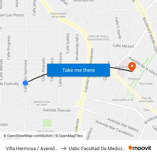 Villa Hermosa / Avenida Coahuila to Uabc Facultad De Medicina Mexicali map