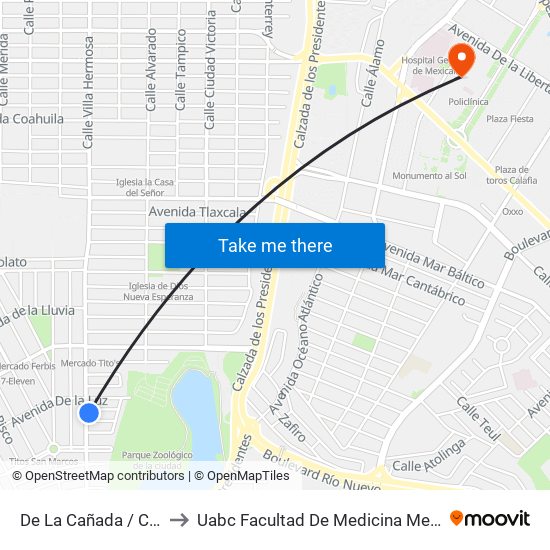 De La Cañada / Cima to Uabc Facultad De Medicina Mexicali map