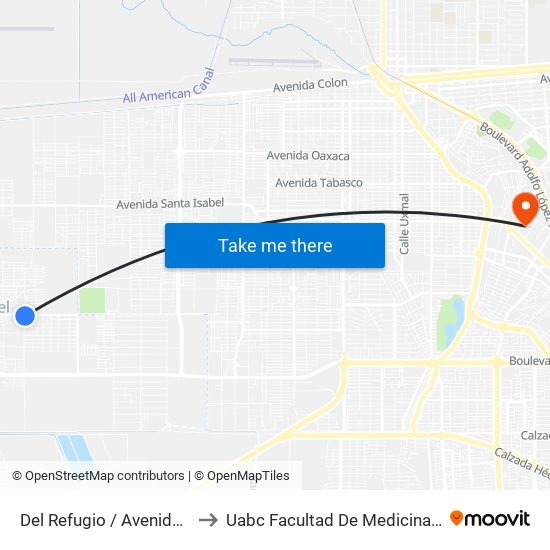 Del Refugio / Avenida Plutón to Uabc Facultad De Medicina Mexicali map