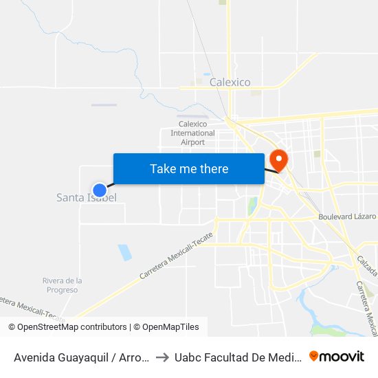 Avenida Guayaquil / Arroyo Calamajue to Uabc Facultad De Medicina Mexicali map