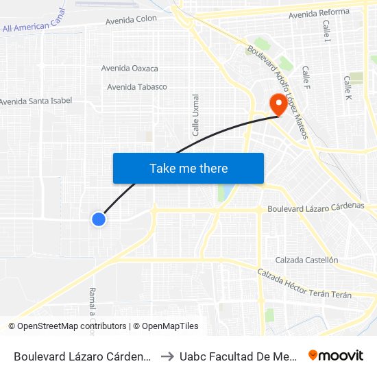 Boulevard Lázaro Cárdenas / Río Danubio to Uabc Facultad De Medicina Mexicali map