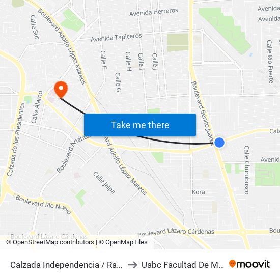 Calzada Independencia / Rafaela López De Rayón to Uabc Facultad De Medicina Mexicali map