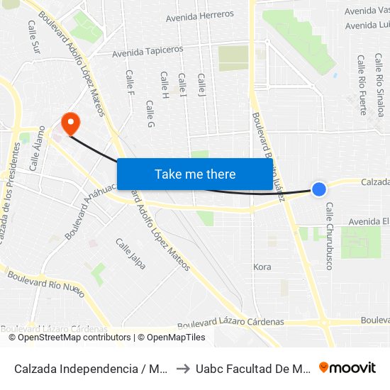 Calzada Independencia / María Tomasa Estévez to Uabc Facultad De Medicina Mexicali map