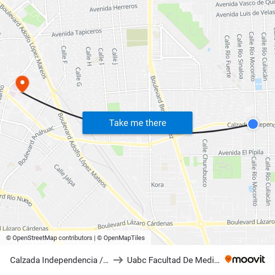 Calzada Independencia / Río Mocorito to Uabc Facultad De Medicina Mexicali map