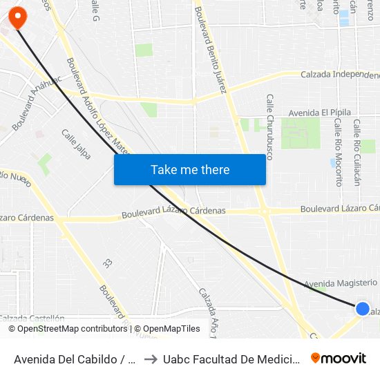 Avenida Del Cabildo / 2 De Abril to Uabc Facultad De Medicina Mexicali map