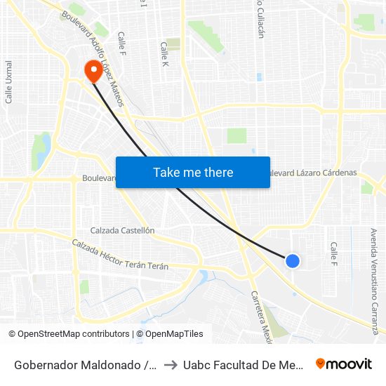 Gobernador Maldonado / Presa Pabellón to Uabc Facultad De Medicina Mexicali map