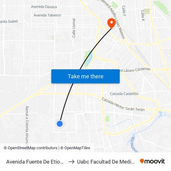 Avenida Fuente De Etiopía / Justicia to Uabc Facultad De Medicina Mexicali map
