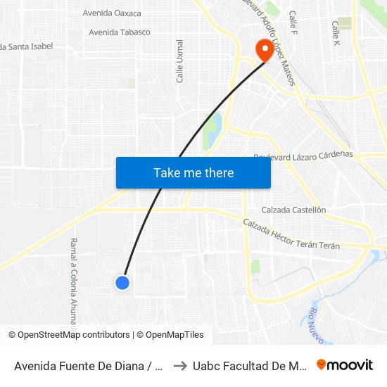 Avenida Fuente De Diana / Fuente De La Alegría to Uabc Facultad De Medicina Mexicali map